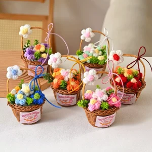 Colorful Crochet Combined Puff Flower Basket Gift Woolen Knitted Flower Ornament for Home Decoration