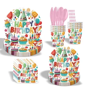 Colorful Disposable Tableware for Festivals Happy Birthday Parties Modern Paper Cups Plates for Holiday Valentine’s Day