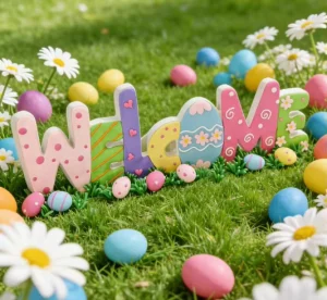 Colorful Easter Themed Egg Shaped “WELCOME” Decorative Ornament Wooden Spring Atmosphere Style