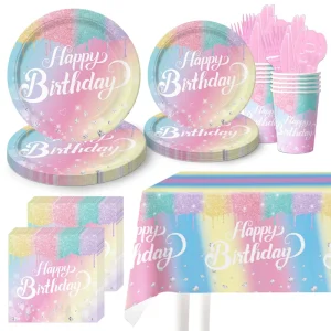 Colorful Gradient Birthday Holiday Party Decorations Disposable Tableware Set Paper Plates Paper Cups Napkins Tablecloth