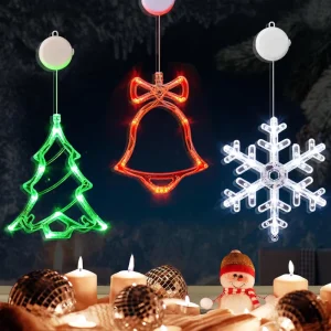 Colorful LED Christmas Window Lights with Bells, Trees and Snowflakes, Suction Cup