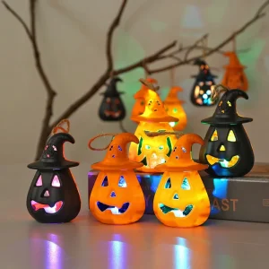 Colorful Light up Mini Witch Hat Pumpkin LED Lantern Hanging Ornament for Table Tree Party Decor