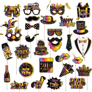 Colorful New Year Photo Booth Props New Years Eve Photo Stickers for Holiday Party Supplies