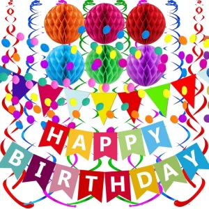 Colorful Paper Flag Bunting Happy Birthday Banner Confetti Garland for Party Decoration Includes Honeycomb Ball Streamers