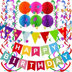 Colorful Paper Ornaments Birthday Party Decorations Happy Birthday Banners Pom-poms Polka Dot Garlands Hanging Decorations