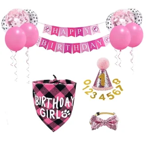 Colorful Pet Birthday Decoration Set Blue Balloons Plaid and Paw Print Bib Cat Dog Bandana Cute Dog Hat for Birthday