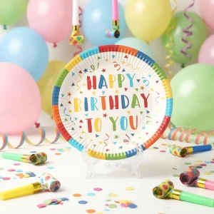 Colorful Rainbow Happy Birthday Kids Celebration Thick Biodegradable Theme Party Supplies Round Cake Dinner Paper Plates
