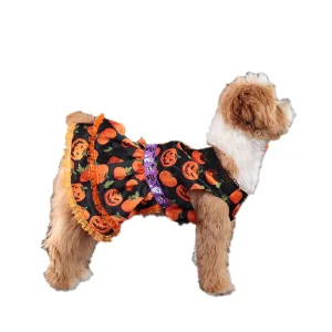 Comfortable Dog Halloween Princess Dress Pumpkin Print Lace Skirt for Small Medium Dogs Polyester Fall Halloween Costume