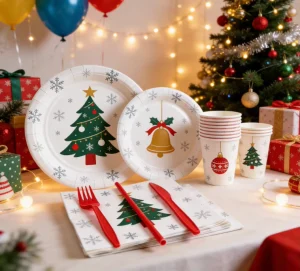 Complete Christmas Party Tableware Pack Paper Cups Plates Napkins Utensils Straws Christmas Party Disposable Tableware Set