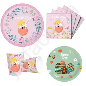 Compostable Paper Tableware Disposable Cake Napkin Cups Plates For Easter Party With Waterproof Tablecloth