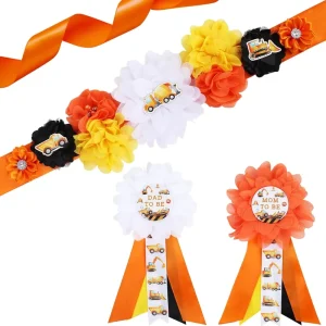 Construction Baby Shower Maternity Sash Kit Orange Construction Baby Shower Belly Belt and Mom to Be Dad to Be Corsage Pins