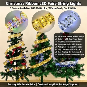 Copper Christmas Ribbon LED Fairy String Lights Glitter Star Printed Ribbon Warm White Rechargeable Battery Indoor Outdoor Xmas