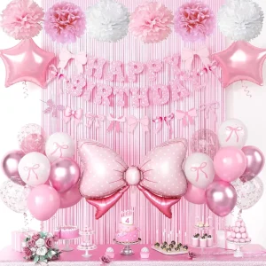 Coquette Birthday Party Supplies Decorations Include White Balloons Happy Birthday Banner Fringe Curtain Tissue Paper