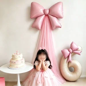 Coquette Pink Bow Balloon with Tulle & Number 6 Foil Balloon for Girls Princess Birthday Backdrop Decor