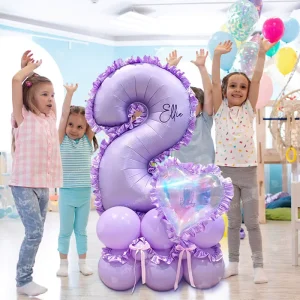 Coquette Purple Ruffle Number 2 Balloon Column Custom Name Heart Foil Balloon Baby Girl Second Birthday Decor