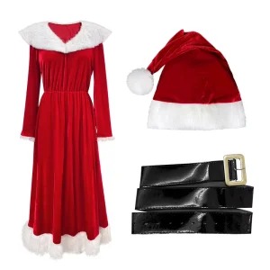 Costume Women Christmas Performance Costume Red Velvet Dress Faux Fur Collar Holiday Stage Show Wear