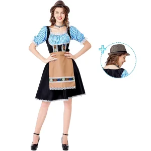Costume Women German Beer Festival Outfit Blue Plaid Sleeve Apron Dress Oktoberfest Event Wear