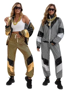 Costume Women Gold Disco Tracksuit Jacket Pants Set Retro Hip Hop Dance Costume Character Performance Outfit