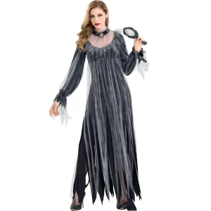 Costume Women Haunted Ghost Bride Dress Black Grey Sheer Tulle Gown Halloween Stage Performance Wear