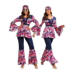 Costume Women Retro Disco Dance Costume 70s Hippie Outfit Colorful Print Flare Pants Festival Parade Stage Performance Set