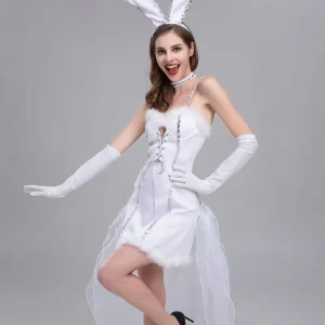 Costume Women White Bunny Performance Dress Rabbit Ear Glove Set Dance Show Stage Outfit Custom Event Wear