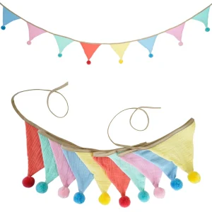 Cotton Bunting Flags with Pom Poms Solid Color Kids Birthday Party Hanging Garland for Nursery Camping Classroom Themed Events