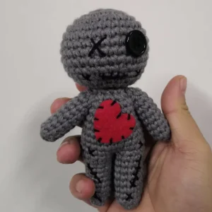 Cotton Crocheted Gray Stitched Doll Ornament Black Button Eyes Red Heart Detail Portable Durable Halloween Party Prop for Decor