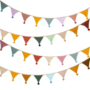 Cotton Fabric Triangle Bunting Pom Pom Balls Adult Party Hanging Garland Birthday Graduation Diwali Classroom Nursery Camping