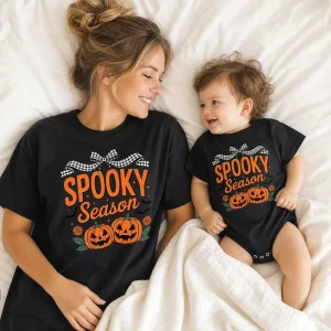 Cotton Halloween Costume Newborn Jumpsuit Mom Short Sleeve Tops Black Custom Pattern Baby Family Matching Outfit