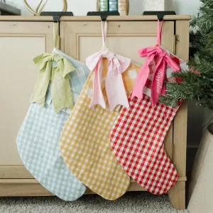 Cotton Linen Christmas Stocking Embroidered Floral Pattern Large Capacity Gift Bag with Personalized Name Ribbon