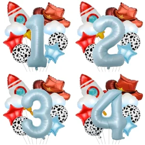 Cow Print Rocket Blue Gradient Cloud Balloons with Cowboy Hats for Boys Birthday Party Space Party Decorations