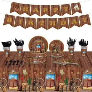 Cowboy Theme Party Tableware Set Wild West Party Decoration Set Western Happy Birthday Banner Paper Plate Napkin Set
