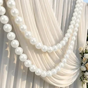 Cream Chiffon Wedding Backdrop Curtain Large Faux Pearl Garland String Drape Background with White Rose Floral for Bridal Shower