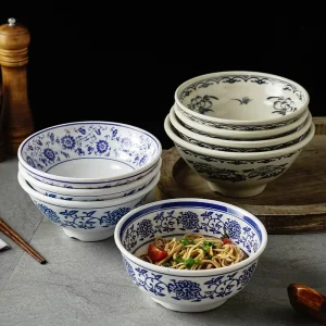 Creative A5 Plastic Noodle Bowl Tableware for Restaurants Commercial Use Blue-and-White Porcelain-Style Large Bowl Chinese-Style