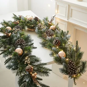 Creative Christmas Decorations Flocked Snowflake Garlands Pine Cones Berries Warm White Light for Hotels Shopping Malls Window