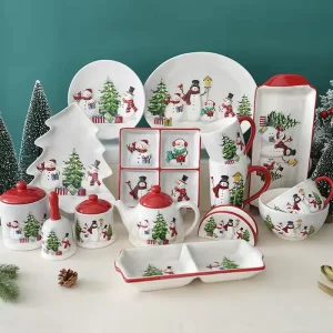 Creative Christmas Tableware Set Cute Santa Claus Pattern Ceramic Mugs Plates Bowls Tea Pot for Festival Decor Accessories