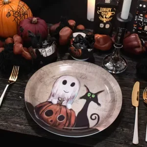 Creative Modern Ghost Pumpkin Pattern Disposable Halloween Paper Plates UV Printed Environment Friendly for Party Decorations