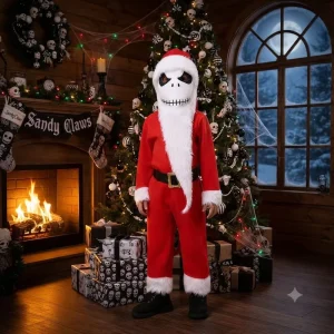 Creepy Holiday Character Costume for Kids Scary Santa Outfit for Halloween & Christmas Soft Cosplay Jumpsuit with Mask