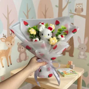 Crochet Animal Strawberry Wrapping Paper Bouquet Gift Bouquet Crochet White Wedding Rose Bouquet for Children