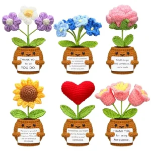 Crochet Flower Potted Plant Set Mini Handmade Sunflower Rose Tulip with Message Card for Birthday Anniversary Gift Decor