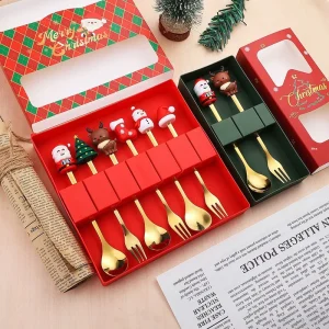 Cross Border Christmas Stainless Steel Spoons Forks Tableware Cartoon Reindeer Dessert Gift Set Creative Design Mirror Finish