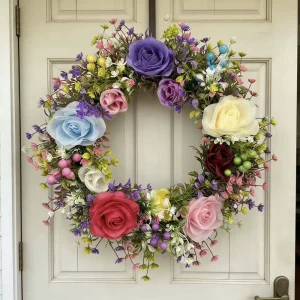 Cross Border New Spring Multi Color Rose Wreath Hanging Valentine’s Day Easter Classic Handmade High Quality Artificial