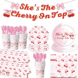 Cross Border Party Cherry Tableware Set Decoration Pink Background Theme Birthday Decoration Paper Plate