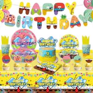 Cross-Border SpongeBob Party Children’s Birthday Theme Paper Plates Set with Tissue Paper & Tablecloth Decoration Supplies