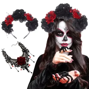 Cross border Best selling Halloween for Headband Necklace Set Rose Flower Unisex Skull Hair Accessory Horror Props Polyester