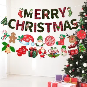 Cross border China Printed Paper Christmas Letter Flag Banner with Flower Design Hanging Flags for Party Decorations
