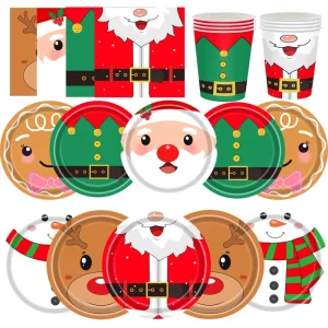 Cross-border Christmas Theme Party Disposable Tableware Set with Snowman Design Red Green Paper Plates and Napkins