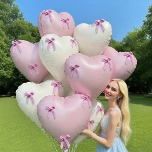 Cross border Cream colored Retro pink Heart and bow Aluminum Foil Balloons for Birthday Valentine’s Day Party Decor Sets