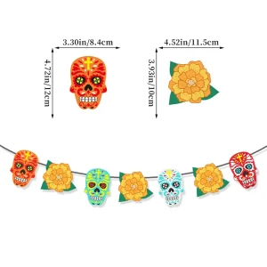 Cross border Day of Dead Themed Cartoon Style Multicolor Paper Skull Garlands Marigold Banners Party Decor Available