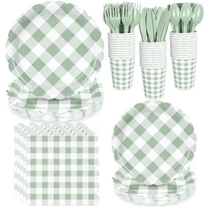 Cross border Disposable Paper Plates Green Checkered 25 piece Festive Party Tableware Set for Birthday Children’s